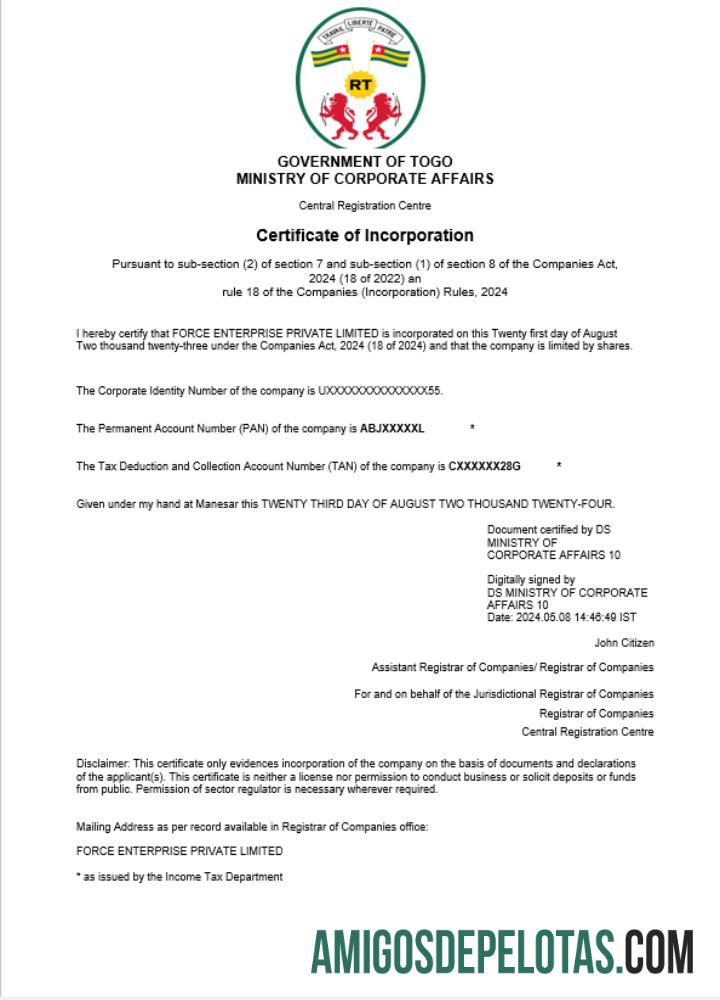 em branco Certificado de registro comercial do Togo modelo Word e PDF